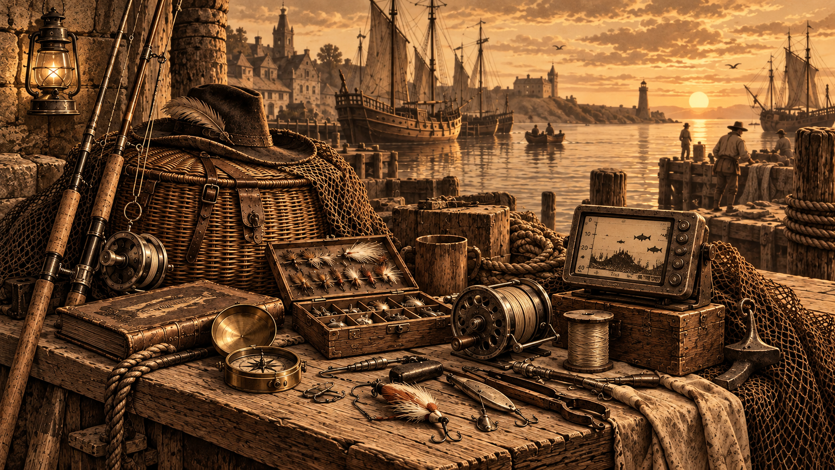 Sepia-toned 17th-century harbor workbench with fishing rods, reels, line, hooks, lures, creel and a modern fish-finder display.