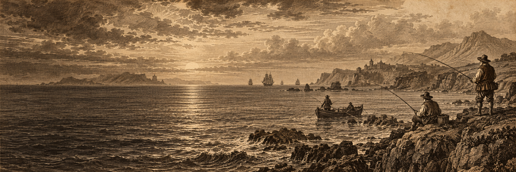 Sepia engraving of anglers fishing from a rocky coast and a small boat