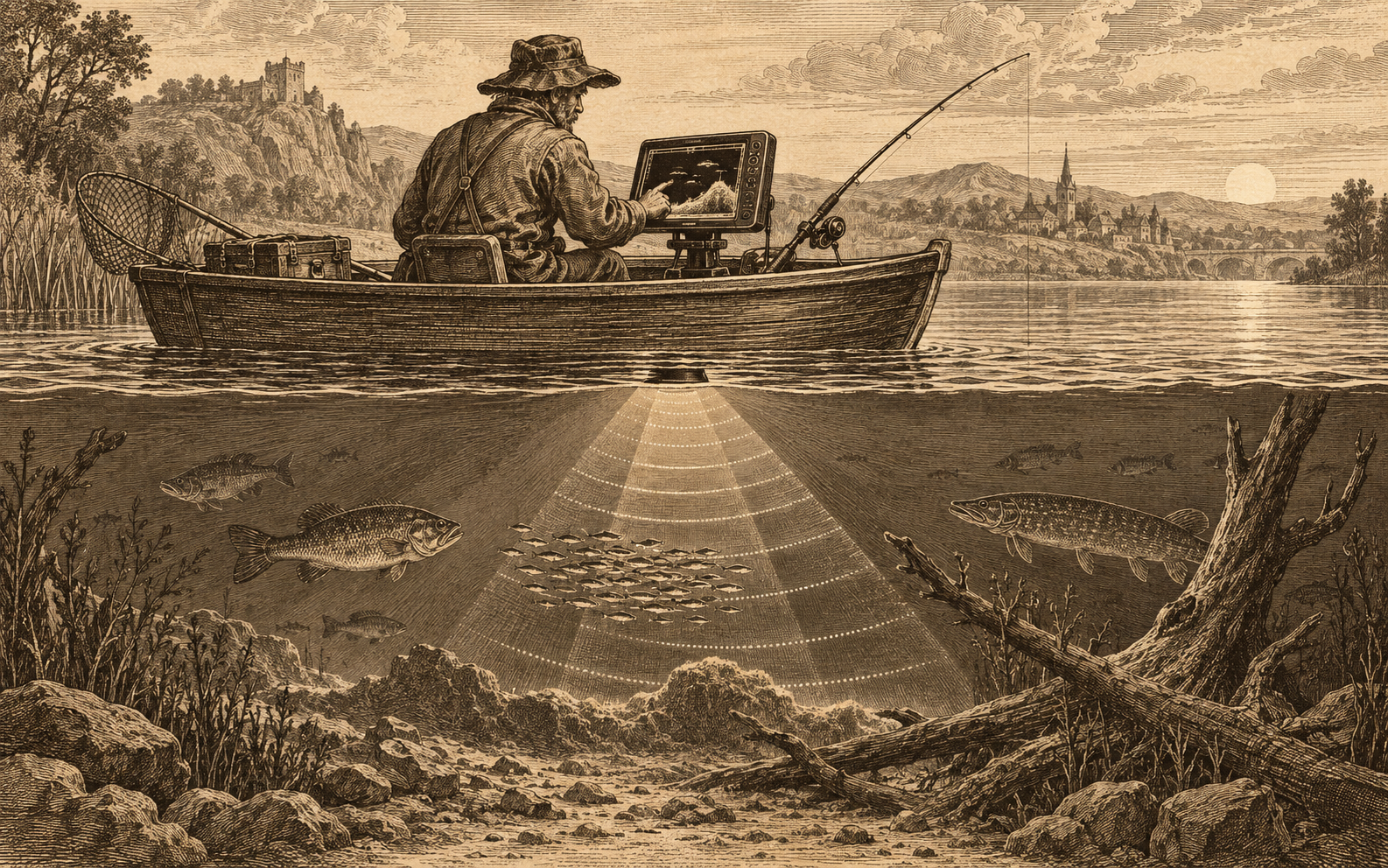Sepia engraving-style illustration of an angler using fish-finding sonar from a small boat