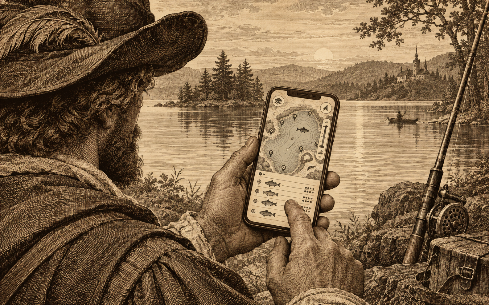Sepia engraving-style illustration of an angler using a fishing app beside a lake