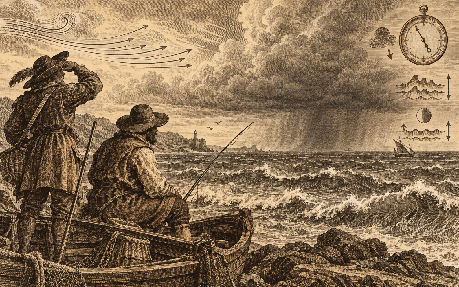 Sepia engraving-style illustration of an angler watching an approaching storm from a small boat