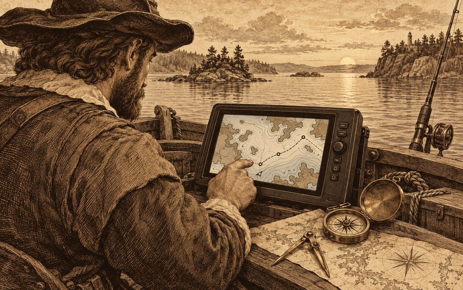 Sepia engraving-style illustration of an angler studying electronic navigation charts aboard a small boat